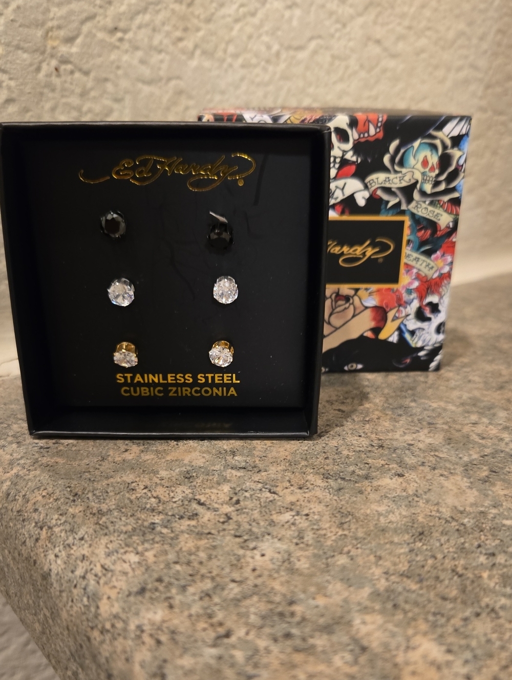 Ed Hardy Women's Stainless Steel Cubic Zirconia Earring Set - Black & Clear Nwt
